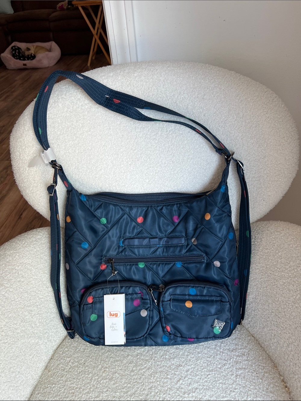 lug Navy Quilted Crossbody with Multicolor Polka Dots/fix price